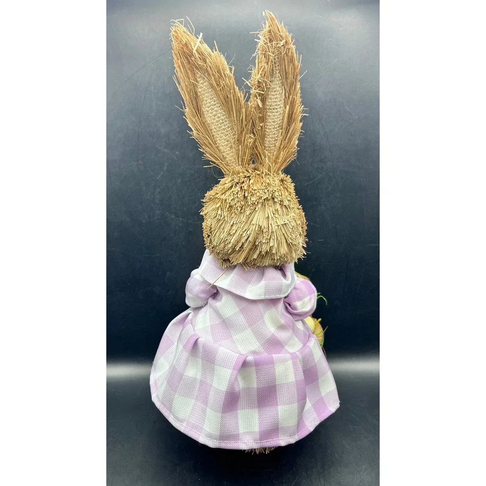Easter Bunny‎ Figurine Sisal Straw Rabbit Lavender Gingham Dress Basket 12